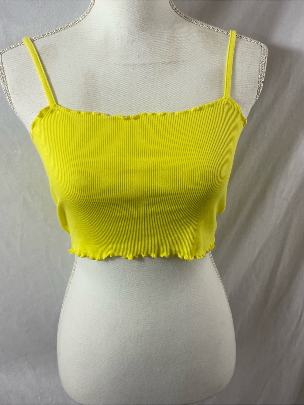 Topshop Bright Yellow Ribbed Lettuce-Edge Cropped Cami